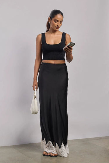 Premium Satin Black Long Skirt with Lace - FREYJA GLOBAL - 