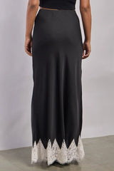 Premium Satin Black Long Skirt with Lace - FREYJA GLOBAL - 