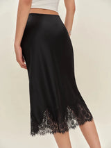 Premium Satin Black Midi Skirt With Black Lace - FREYJA GLOBAL - 