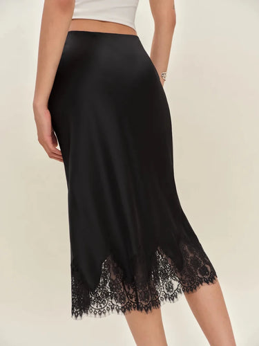 Premium Satin Black Midi Skirt With Black Lace - FREYJA GLOBAL - 