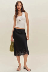 Premium Satin Black Midi Skirt With Black Lace - FREYJA GLOBAL - 