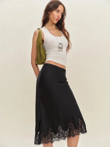 Premium Satin Black Midi Skirt With Black Lace - FREYJA GLOBAL - 