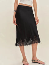 Premium Satin Black Midi Skirt With Black Lace - FREYJA GLOBAL - 