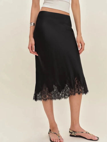 Premium Satin Black Midi Skirt With Black Lace - FREYJA GLOBAL - 