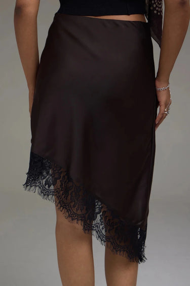 Premium Satin Brown Asymmetric Skirt with Black Lace - FREYJA GLOBAL - 