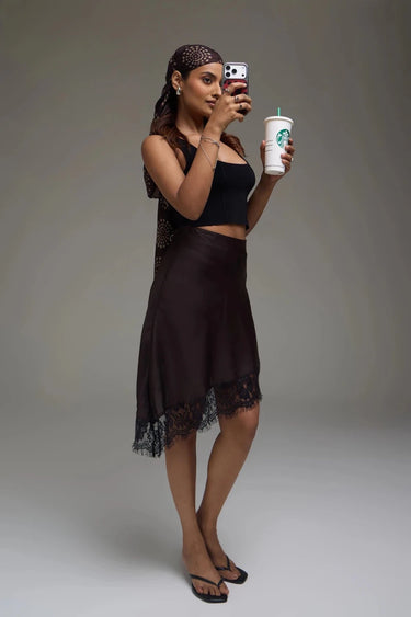 Premium Satin Brown Asymmetric Skirt with Black Lace - FREYJA GLOBAL - 