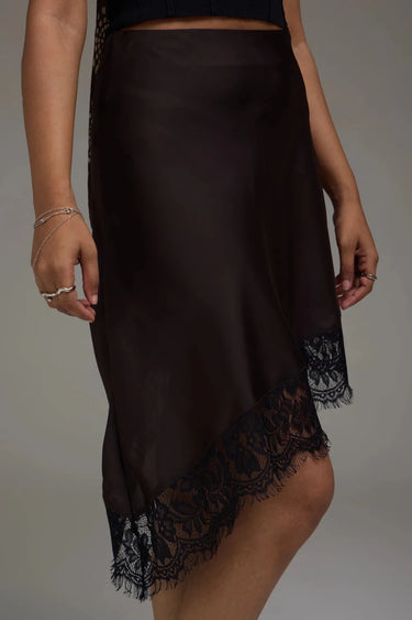 Premium Satin Brown Asymmetric Skirt with Black Lace - FREYJA GLOBAL - 