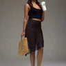 Premium Satin Brown Asymmetric Skirt with Black Lace - FREYJA GLOBAL - 