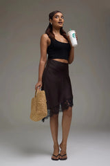 Premium Satin Brown Asymmetric Skirt with Black Lace - FREYJA GLOBAL - 