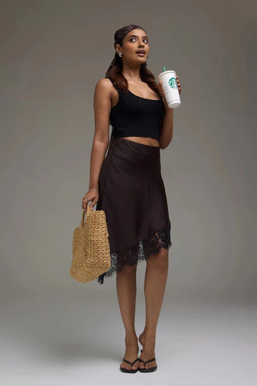 Premium Satin Brown Asymmetric Skirt with Black Lace - FREYJA GLOBAL - 