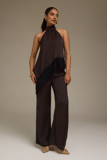 Premium Satin Brown Asymmetric Top with Black Lace - FREYJA GLOBAL - 