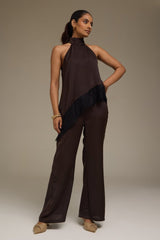 Premium Satin Brown Asymmetric Top with Black Lace - FREYJA GLOBAL - 
