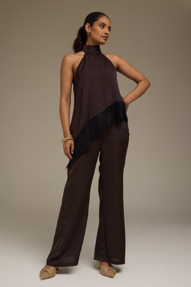 Premium Satin Brown Asymmetric Top with Black Lace - FREYJA GLOBAL - 