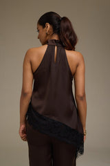 Premium Satin Brown Asymmetric Top with Black Lace - FREYJA GLOBAL - 