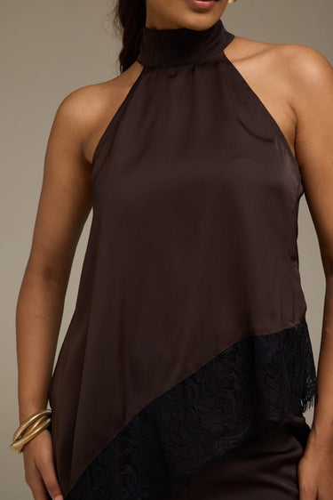 Premium Satin Brown Asymmetric Top with Black Lace - FREYJA GLOBAL - 