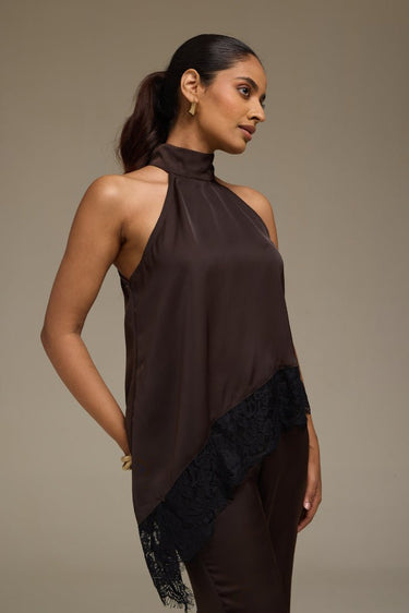 Premium Satin Brown Asymmetric Top with Black Lace - FREYJA GLOBAL - 