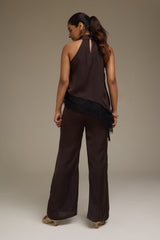 Premium Satin Brown Asymmetric Top with Black Lace - FREYJA GLOBAL - 