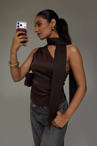 Premium Satin Brown Asymmetric Top with Scarf - FREYJA GLOBAL - 