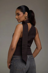 Premium Satin Brown Asymmetric Top with Scarf - FREYJA GLOBAL - 