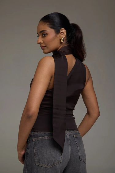 Premium Satin Brown Asymmetric Top with Scarf - FREYJA GLOBAL - 