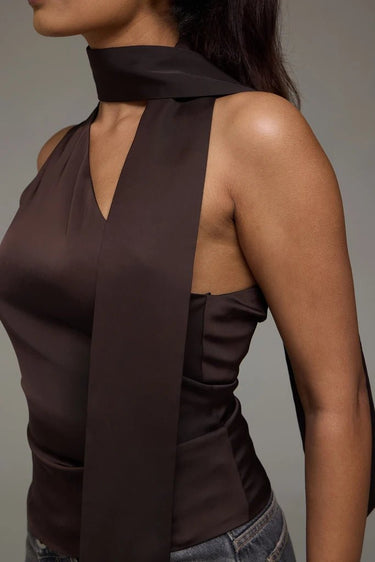 Premium Satin Brown Asymmetric Top with Scarf - FREYJA GLOBAL - 