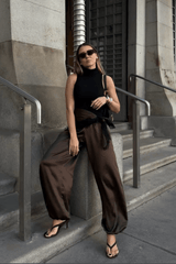 Premium Satin Brown Balloon Pant - FREYJA GLOBAL - 