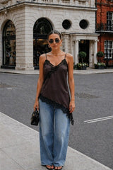 Premium Satin Brown Cami Top with Black Lace - FREYJA GLOBAL - 