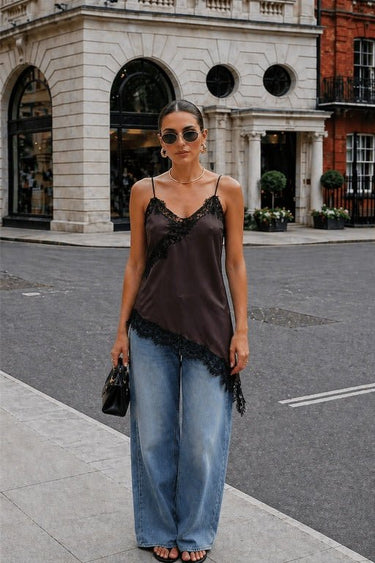 Premium Satin Brown Cami Top with Black Lace - FREYJA GLOBAL - 