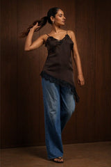 Premium Satin Brown Cami Top with Black Lace - FREYJA GLOBAL - 