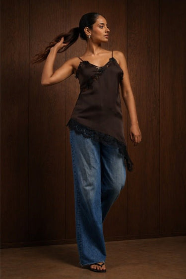 Premium Satin Brown Cami Top with Black Lace - FREYJA GLOBAL - 