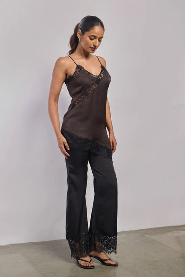 Premium Satin Brown Cami Top with Black Lace - FREYJA GLOBAL - 