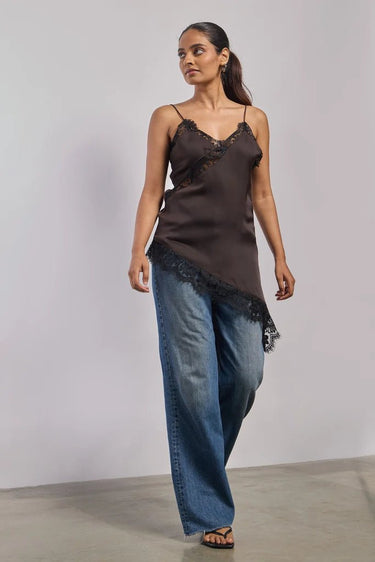 Premium Satin Brown Cami Top with Black Lace - FREYJA GLOBAL - 