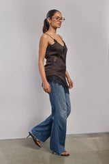 Premium Satin Brown Cami Top with Black Lace - FREYJA GLOBAL - 