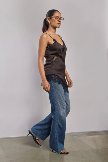 Premium Satin Brown Cami Top with Black Lace - FREYJA GLOBAL - 
