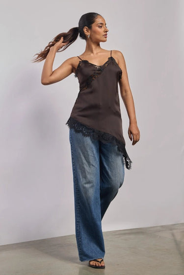 Premium Satin Brown Cami Top with Black Lace - FREYJA GLOBAL - 