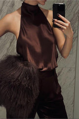 Premium Satin Brown Halter neck top - FREYJA GLOBAL - 