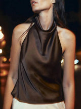 Premium Satin Brown Halter neck top - FREYJA GLOBAL - 