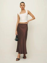 Premium Satin Brown Long Skirt - FREYJA GLOBAL - 