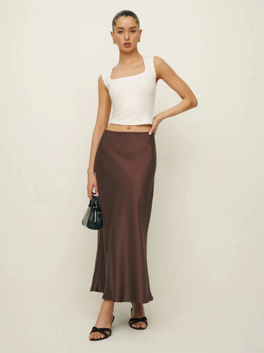 Premium Satin Brown Long Skirt - FREYJA GLOBAL - 