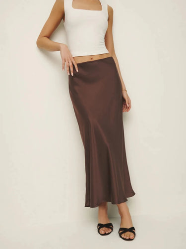 Premium Satin Brown Long Skirt - FREYJA GLOBAL - 