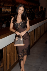 Premium Satin Brown Midi Lace Dress - FREYJA GLOBAL - 