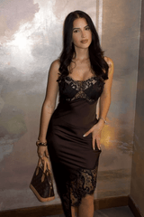 Premium Satin Brown Midi Lace Dress - FREYJA GLOBAL - 