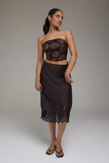 Premium Satin Brown Midi Skirt with Black Lace - FREYJA GLOBAL - 