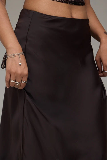 Premium Satin Brown Midi Skirt with Black Lace - FREYJA GLOBAL - 