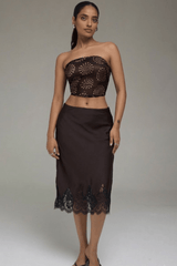 Premium Satin Brown Midi Skirt with Black Lace - FREYJA GLOBAL - 