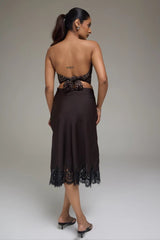 Premium Satin Brown Midi Skirt with Black Lace - FREYJA GLOBAL - 