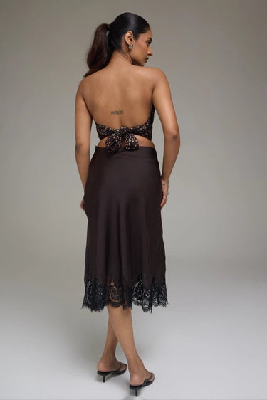 Premium Satin Brown Midi Skirt with Black Lace - FREYJA GLOBAL - 