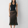 Premium Satin Brown Midi Skirt with Black Lace - FREYJA GLOBAL - 