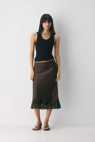Premium Satin Brown Midi Skirt with Black Lace - FREYJA GLOBAL - 