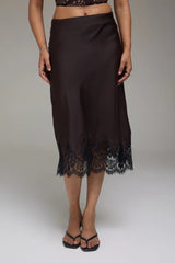 Premium Satin Brown Midi Skirt with Black Lace - FREYJA GLOBAL - 